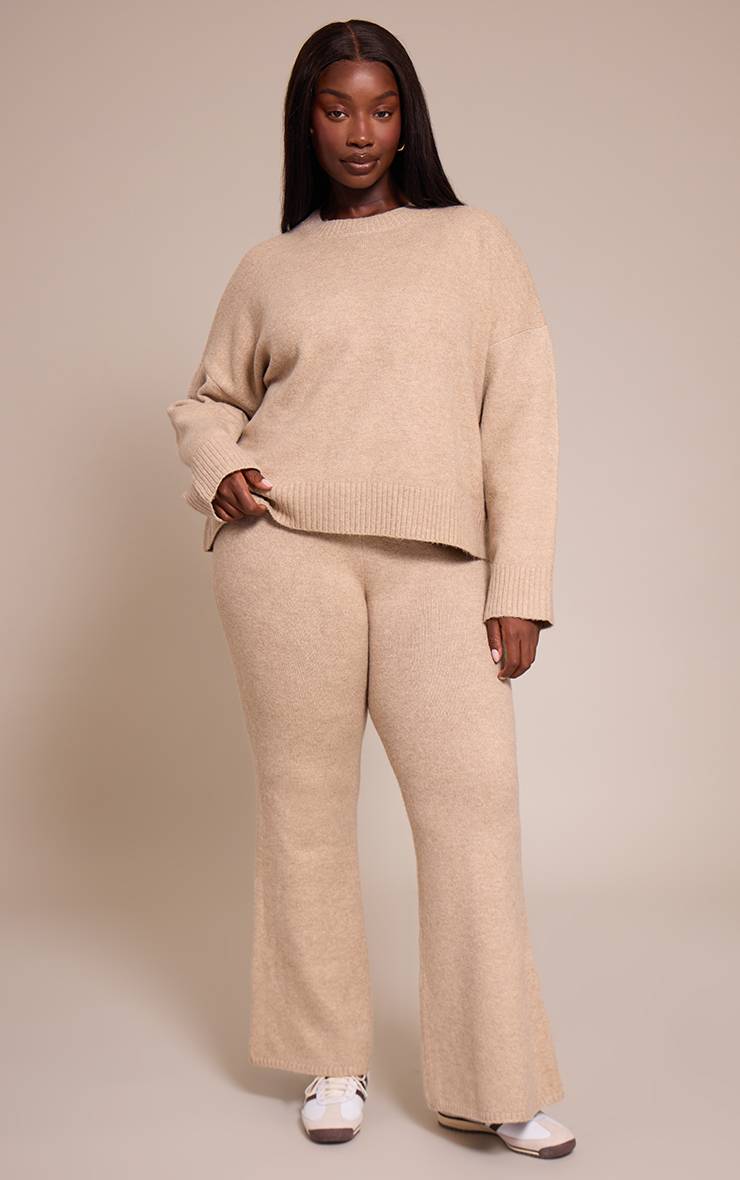 Taupe Synthétiquell Court Col Rond En Maille Chinée Plus