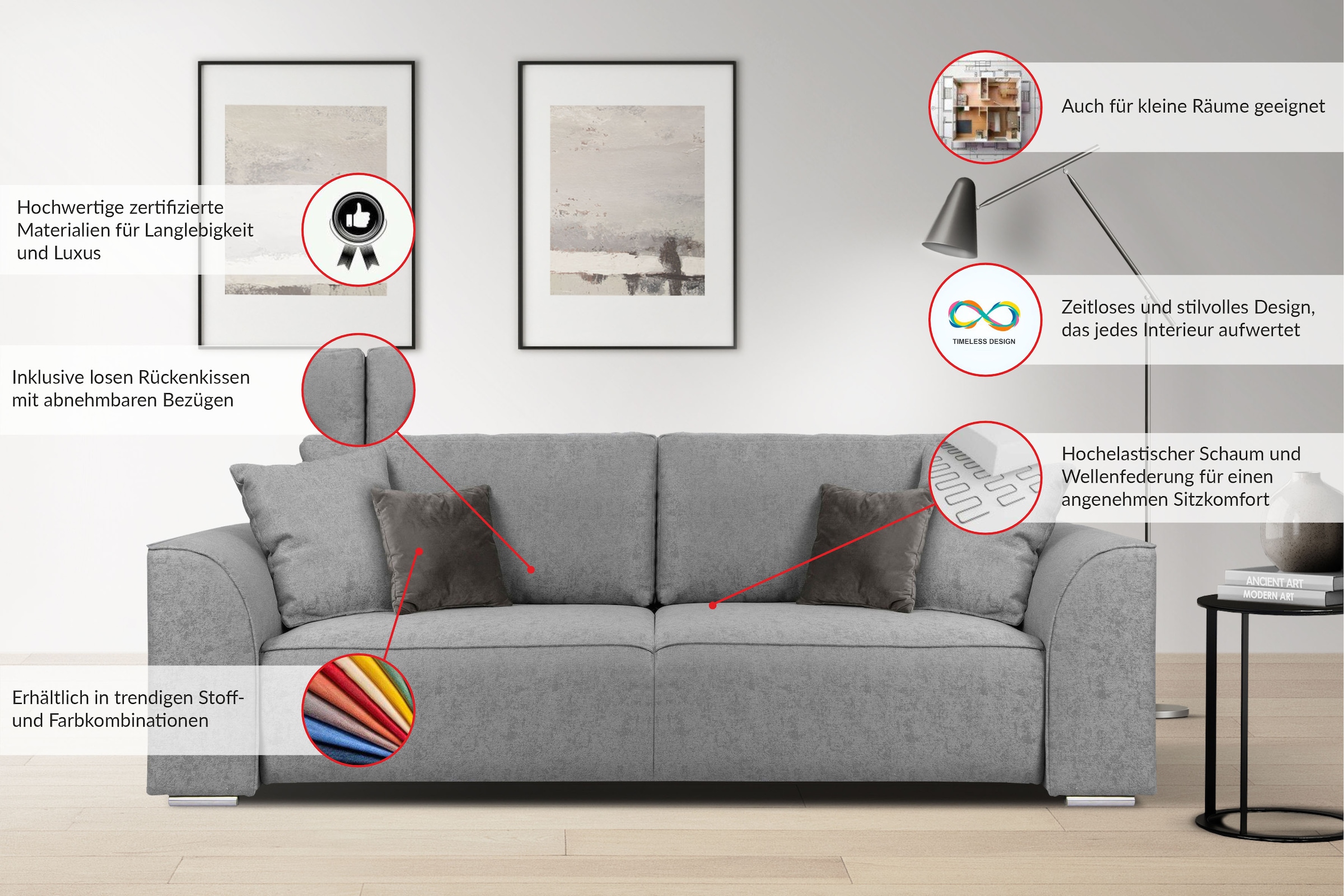 GOODproduct 3-Sitzer »BEATRICE auch als Schlafsofa mit Bettkasten, B/T/H 250/107/92 cm« wahlweise mit Bettfunktion, incl. 2 Zierkissen, Wellenfederung