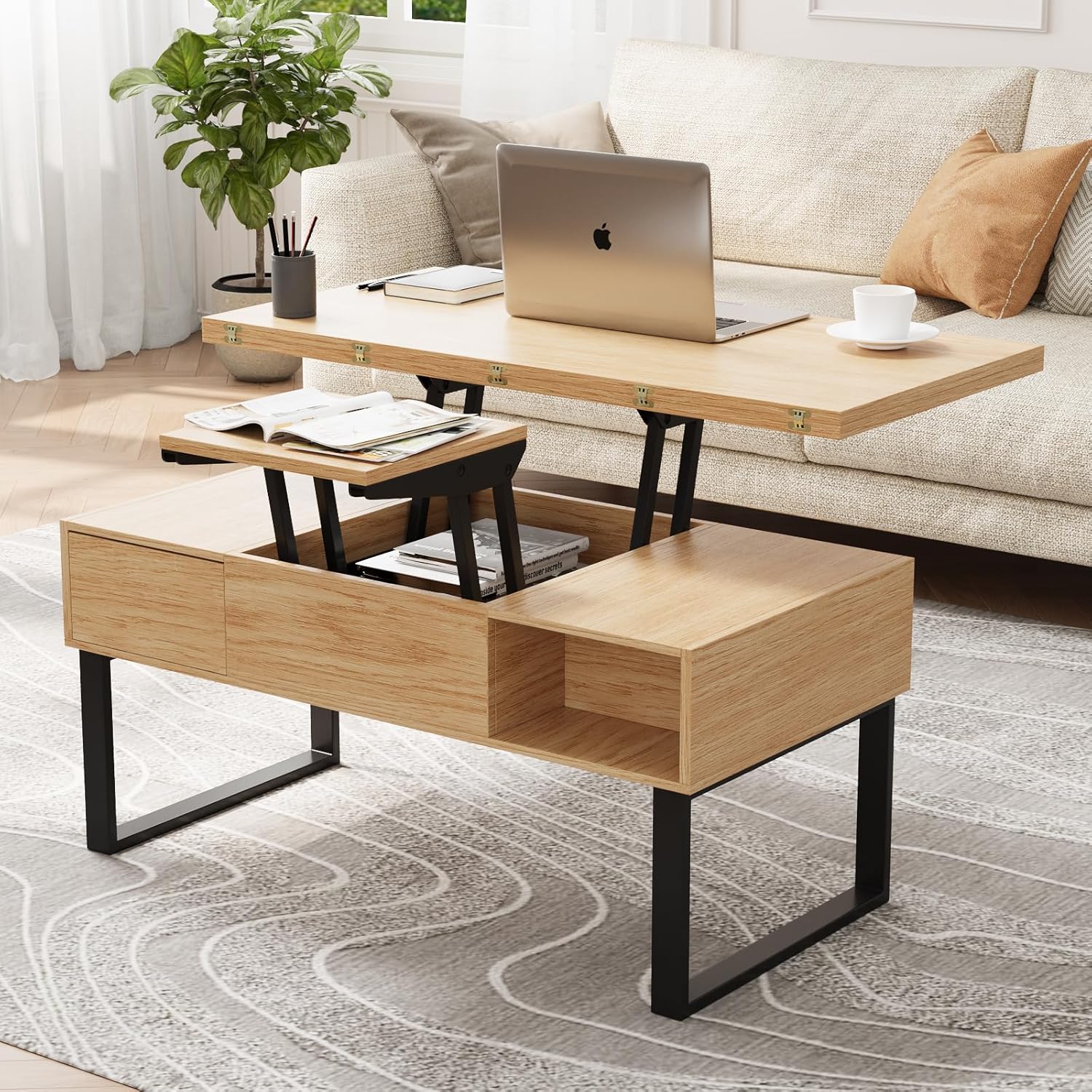 VOWNER Couchtisch Höhenverstellbar, 3-in-1-Multifunktions-Wohnzimmertisch mit 2 Schubladen & Versteckter Aufbewahrung, Als Esstisch Nutzbar, für Wohnzimmer, Büro (Holzfarbe)