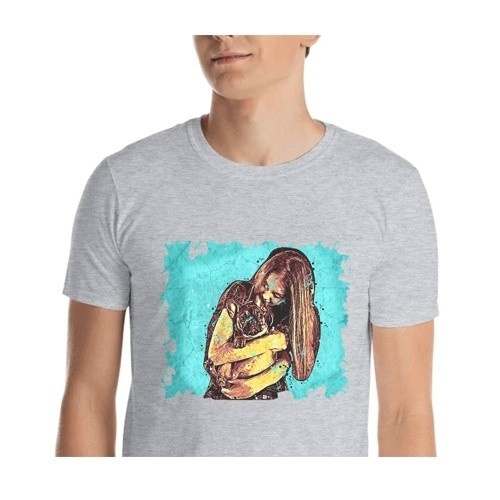 Camiseta masculina Mascochula personalizada com grafite apresentando seu animal de estimação, cinza