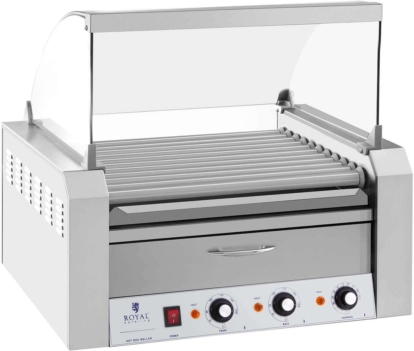 Royal Catering - Hot Dog Grill Hot Dog Maschine (11 Rollen, Edelstahl, 2.150 W, 2 Heizzonen, herausnehmbare Fettauffangschublade, Wärmeschublade, 20 Würstchen, mit Hartglasabdeckung)