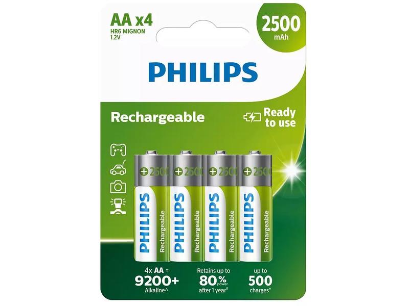 Philips Akku Rechargeable NiMH AA 2500 mAh, 4 Stück AA-Akkus im 4er-Pack