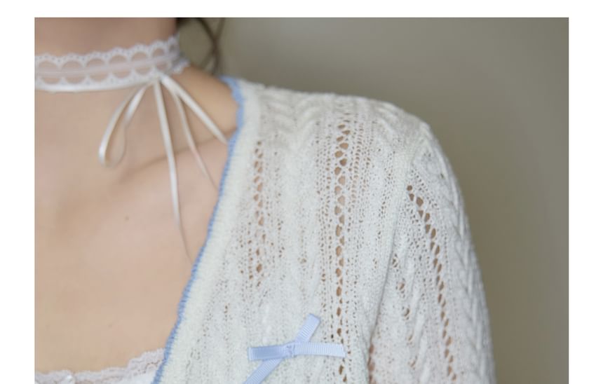 Zeedaren - Plus Size Contrast Trim Bow Pointelle Cardigan