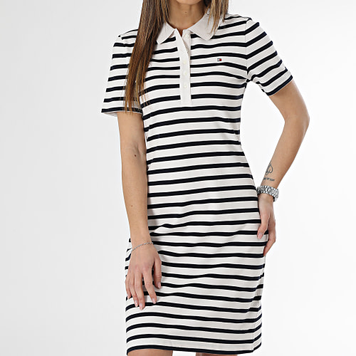 Robe Polo Femme A Rayures 1985 Slim Pique Stripe 9590 Blanc Bleu Marine