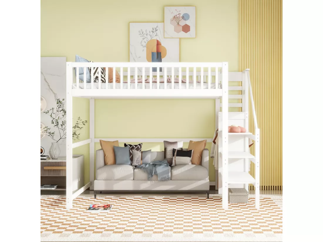 Lit mezzanine 140 x 200 cm avec armoire et escalier - bois massif et MDF - blanc (sans matelas)