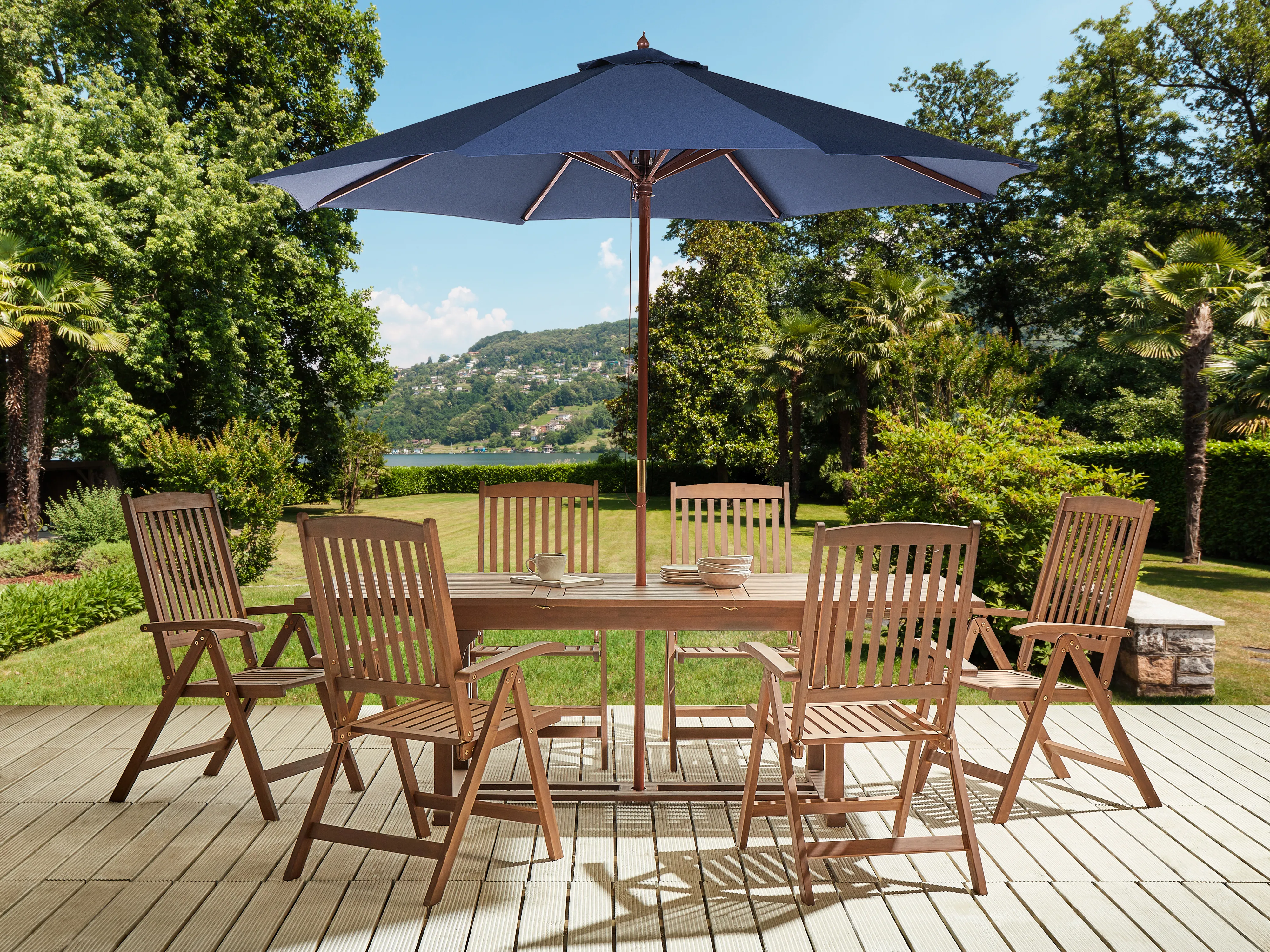 Tuinset 6-zits AMANTEA met parasol Acaciahout Blauw