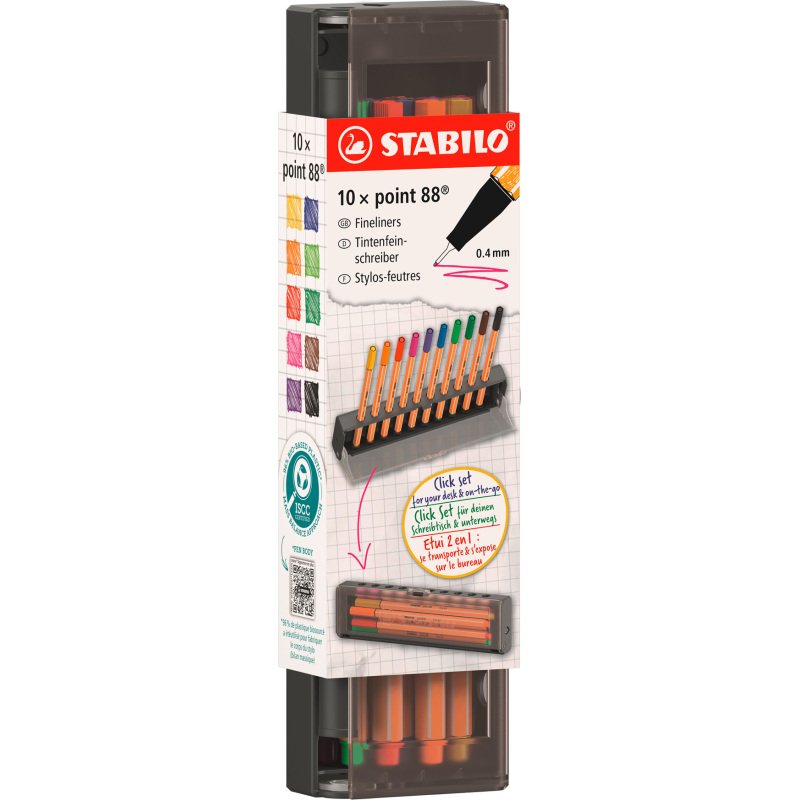 Stylo feutre Stabilo point 88 écriture extra-fine - Click box de 10 couleurs assorties