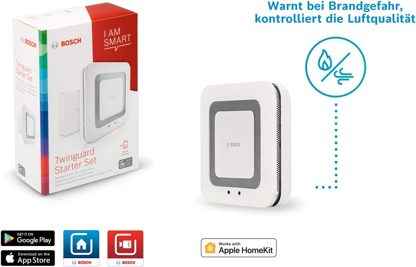 Bosch Smart Home Rauchmelder Twinguard mit Luftqualitätsmessung und App-Funktion, kompatibel mit Apple Homekit