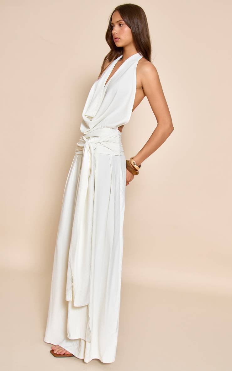 Crème Robe Longue Fluide Tissée À Col Bénitier Et Dos Échancré