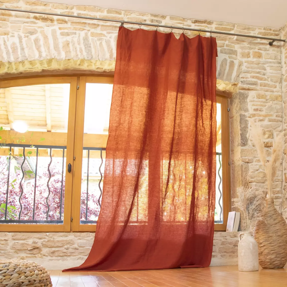 Rideau lin lavé ajustable (140 x max 270 cm) Louise Terracotta