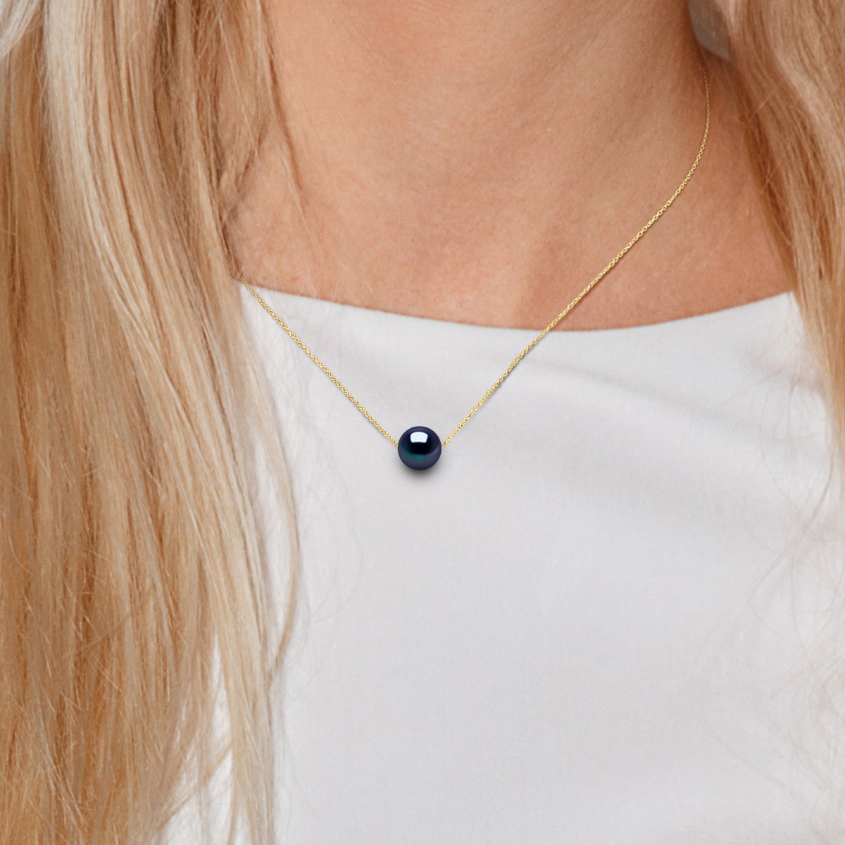 Collier Perle d'Eau Douce Noire Ronde 11-12 mm Chaîne Forçat Or Jaune 18 Carats