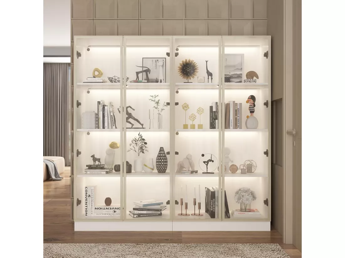 Vitrine avec LED et Portes en Verre Meuble de Rangement en Verre Debout avec 4 étagères Design Pop-up 80x40x160cm Blanche