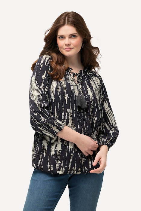 Bluse, Musterstreifen, Rüsche, Elastiksaum, 3/4-Arm