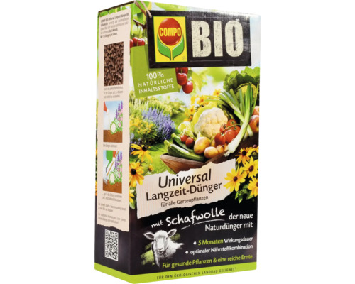COMPO BIO Universele langzaamwerkende meststof met schapenwol, 100% natuurlijke ingrediënten, 2 kg, voor alle tuinplanten, 5 maanden langzaamwerkende werking