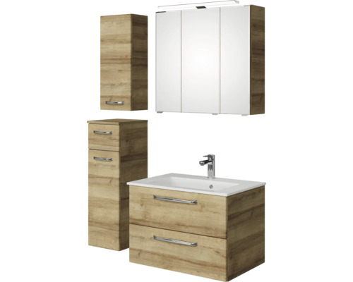 Pelipal Kumba badkamermeubelset (B x H x D): 107 x 200 x 50 cm, frontkleur: Riviera eiken, 5-delige set inclusief witte mineraalstenen wastafel, badmeubel en wandkast (99.770126474)