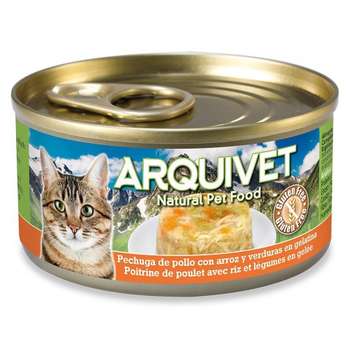Ração úmida Arquivet para gatos, sabor peito de frango e arroz com vegetais.