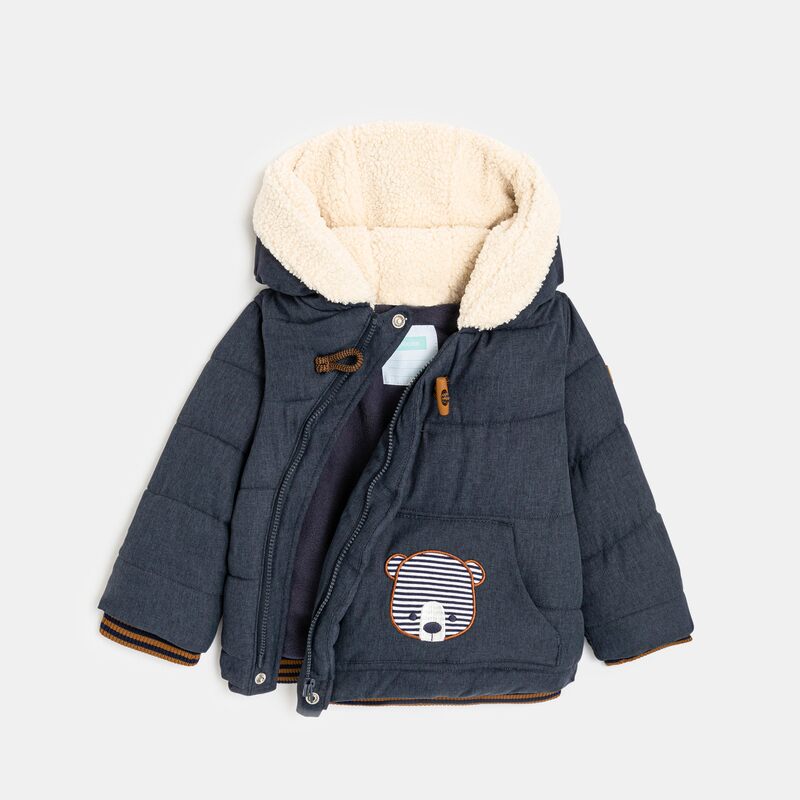 Manteau matelassé à capuche patch ours bleu bébé garçon