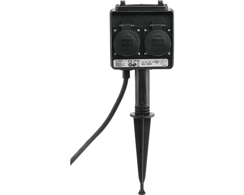 Tuinstopcontact met timer + grondpen, 2-voudig, IP44, 1,5 m kabel, zwart, tot max. 3680 watt