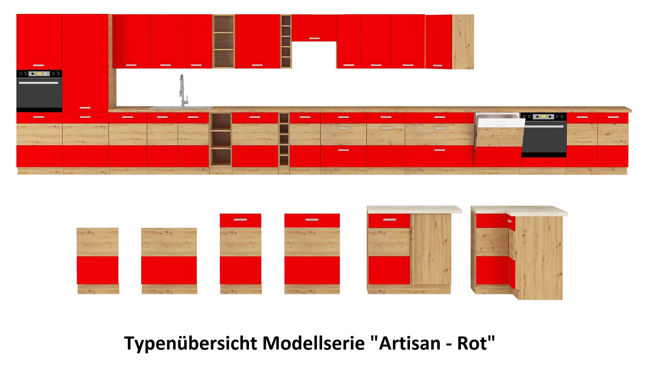Hängeschrank 50-90 cm Eiche Artisan Rot Hochglanz Küchenzeile Küchenblock Küche