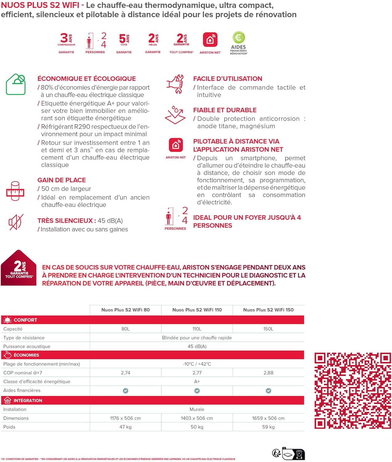 Ariston Nuos Plus S2 WLAN, 80 Liter, mit Aerothermie, energiesparend, leise, Fernbedienung, mobile App, 50,6 x 52 x 117,6, hergestellt für spanische Installation, Effizienz, A+ Bereich (A+/F)