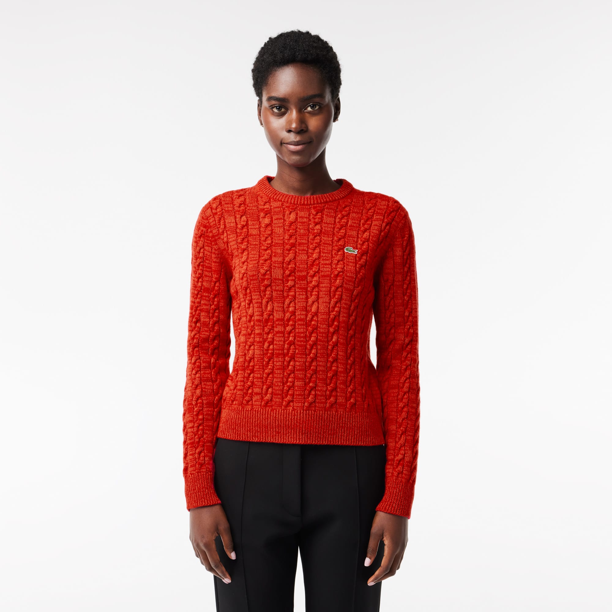 Pull à torsades moulinées en laine et coton Pullovers - Rouge - Lacoste - Femme