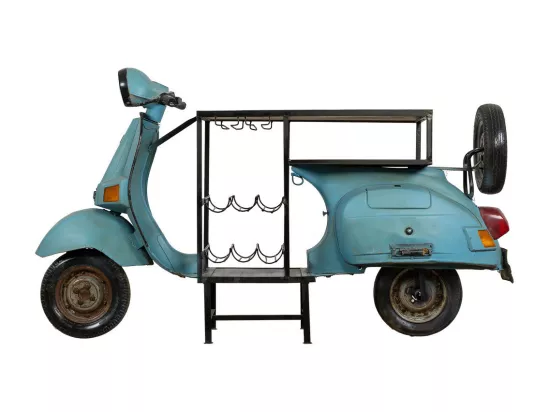 Bar à vin moto Vespa en bois et métal bleu 180x66x110h