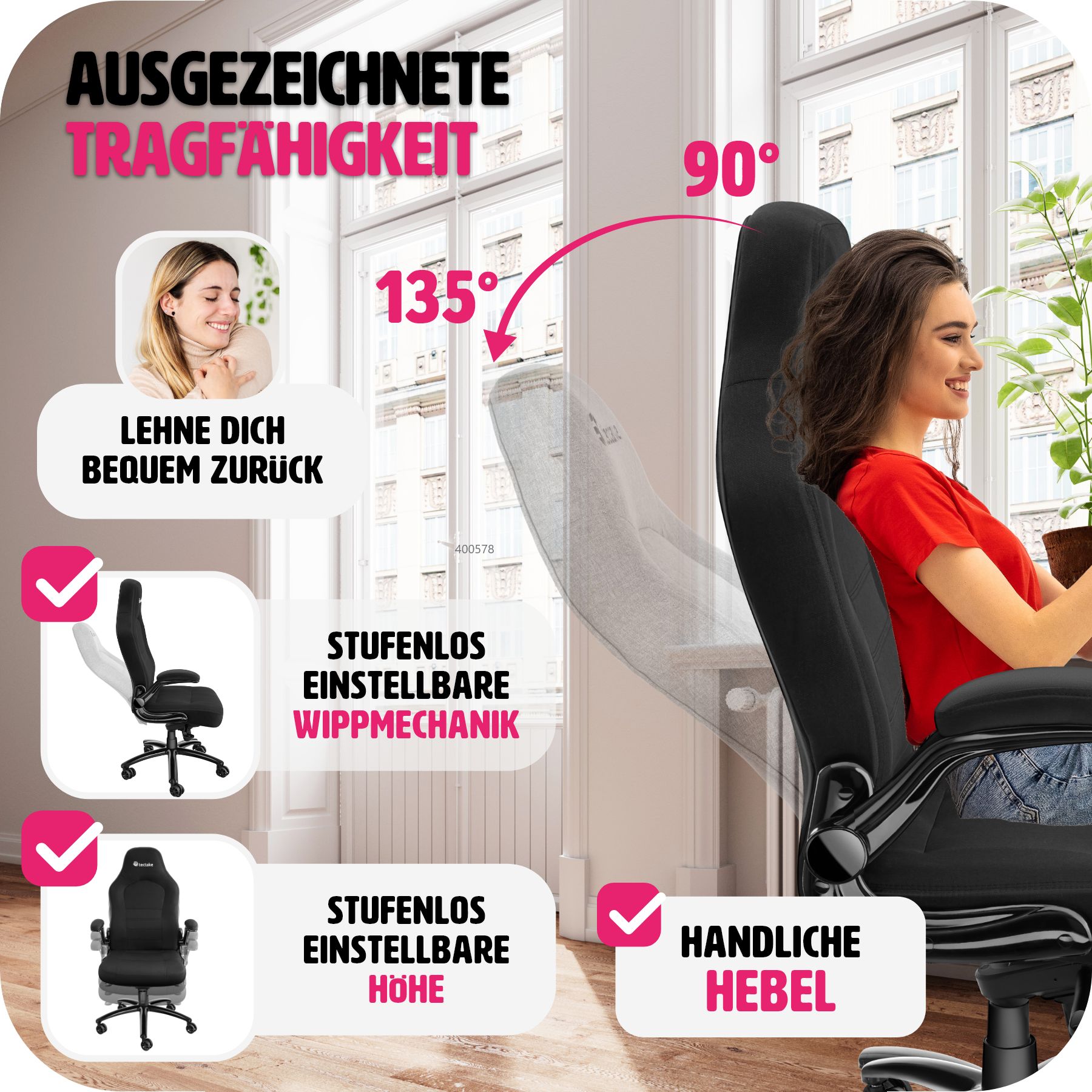 tectake® Bürostuhl, ergonomische Form, mit Stoffbezug, klappbare Armlehnen und Wippfunktion, stufenlos höhenverstellbar