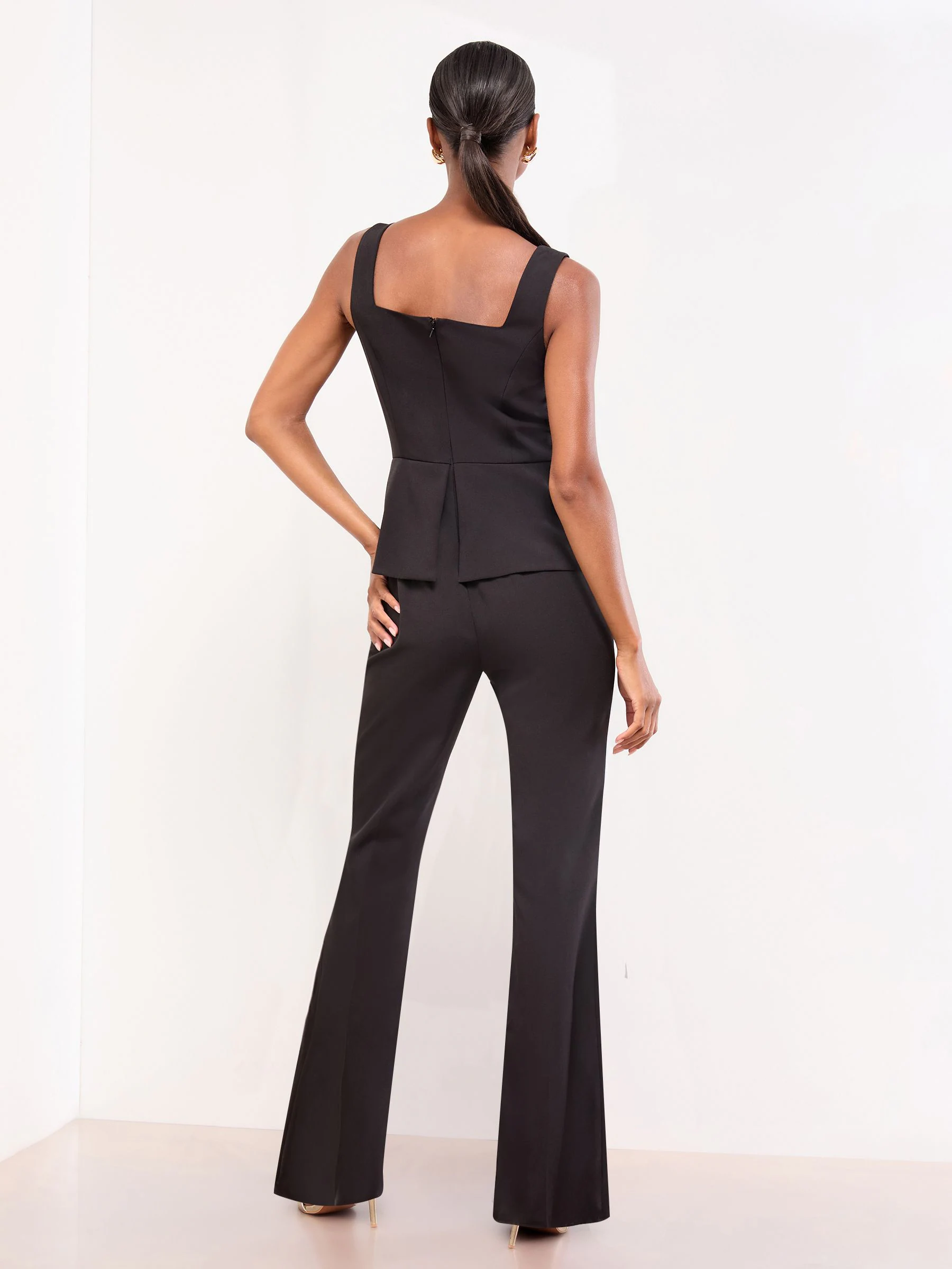 Lipsy Square Neck Peplum Gold Button Flare Leg Jumpsuit