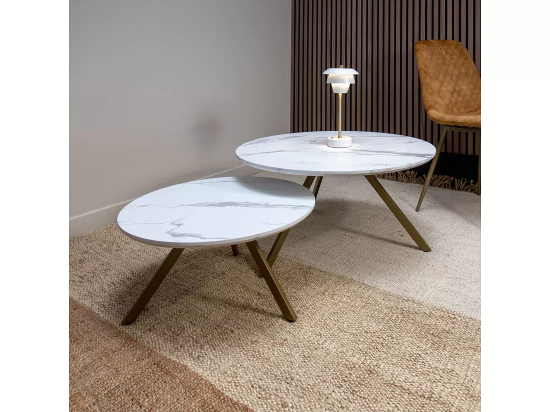 Now's Home - Set De 2 Tables Basses Effet Marbre Pieds Metal H30 Et 40cm Hoxton