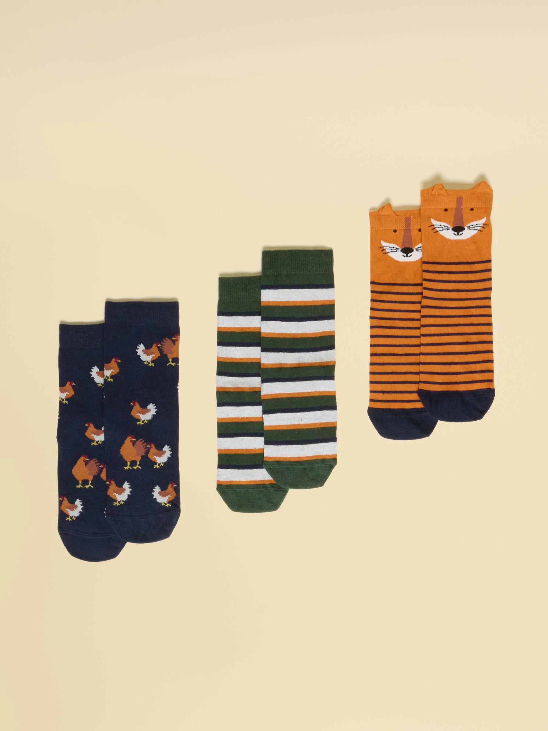 Oranje/donkerblauw - Joules Kids' Neat Feet Socks 3 Pack