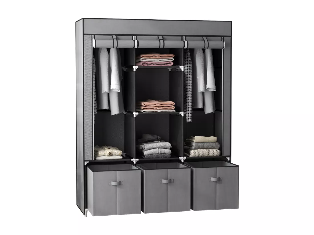 Armoire penderie pliable 5 étagères 2 tringles 3 tiroirs tissu gris