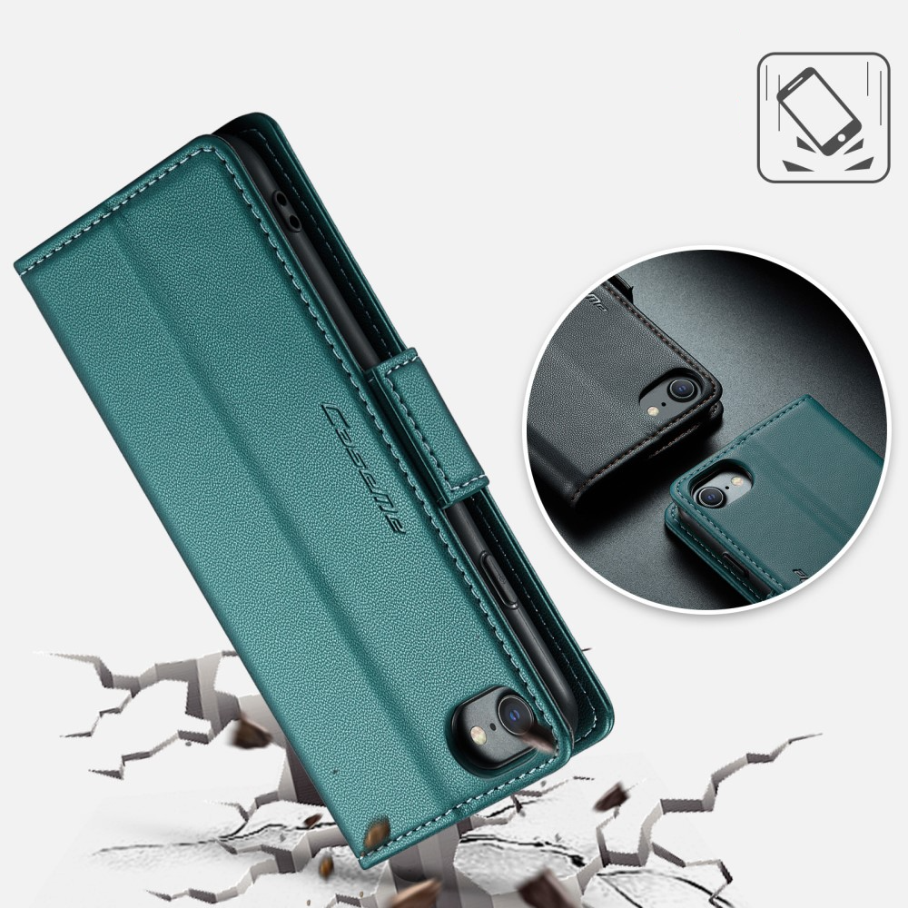 iPhone SE (2022/2020) / 8 / 7 / 6S Leder Tasche Flip Wallet Etui mit Kartenfächern Litchi Look (RFID Schutz) - Grün