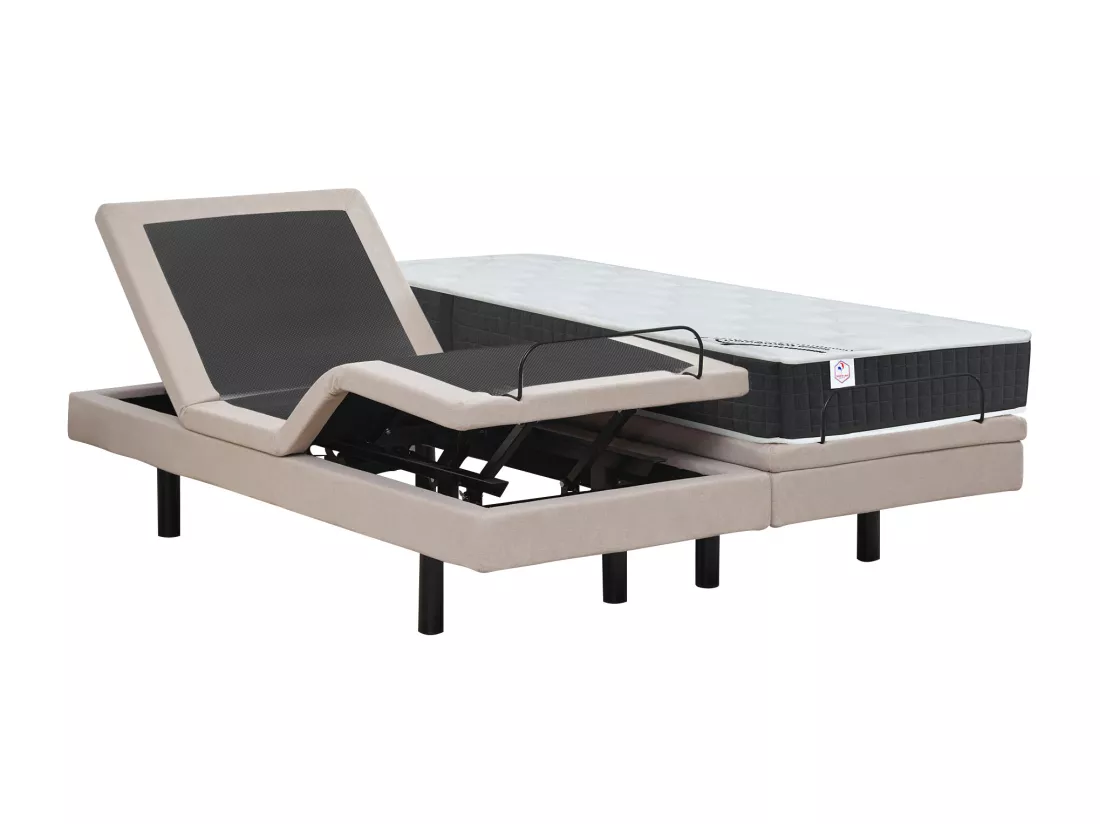 Lit électrique de relaxation déco + matelas ressorts ensachés et mémoire de forme - 2 x 80 x 200 cm - Tissu - Beige - RIZALI de YSMÉE