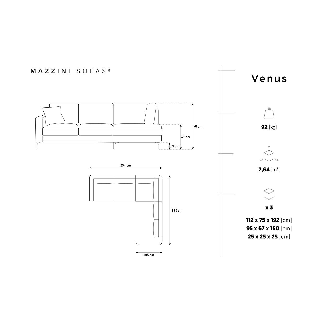 Mazzini Sofas Canapé d'angle Droit Venus 5 Places gris foncé - 254x185x90 cm