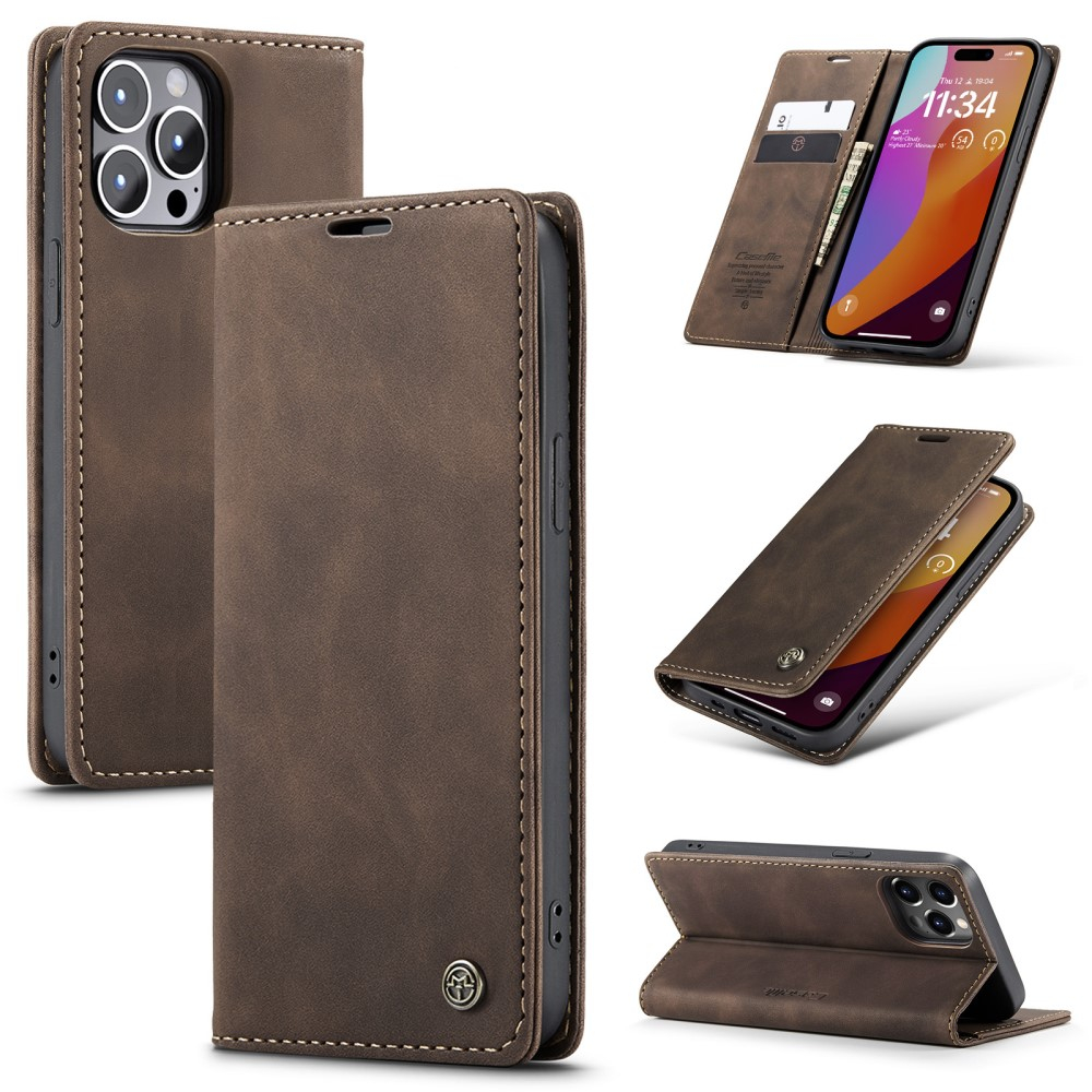 iPhone 16 Pro Leder Tasche Flip Wallet Etui mit Kartenfächern - Braun