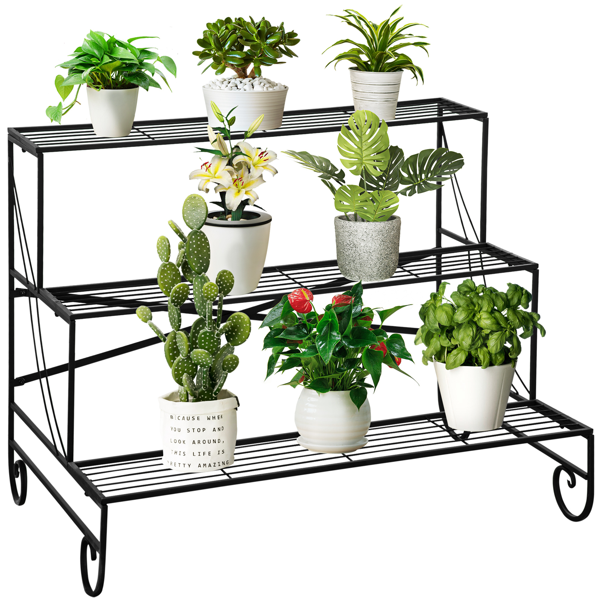 Suporte de metal para plantas Outsunny com 3 níveis, suporte para flores em formato de escada, suporte multifuncional para vasos de flores para decoração interna e externa, 95x63x72 cm, preto