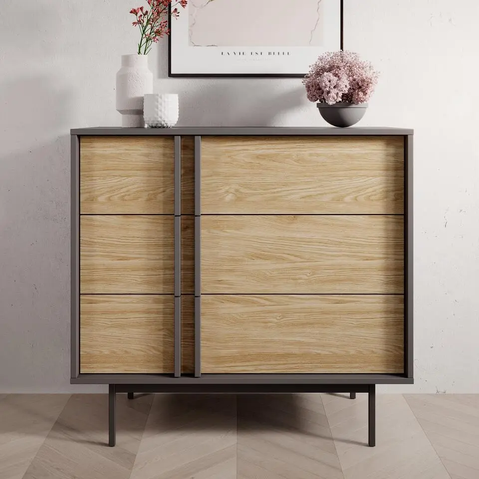 Meubella - Antigo - Ladekast met 3 lades - Eiken/Antraciet - 93x43x87 cm