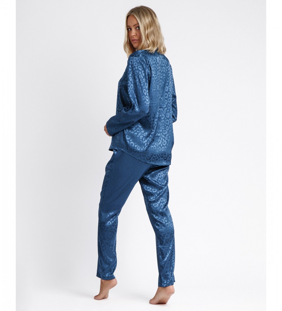 Pijama aberto Admas em cetim com estampa de leopardo azul
