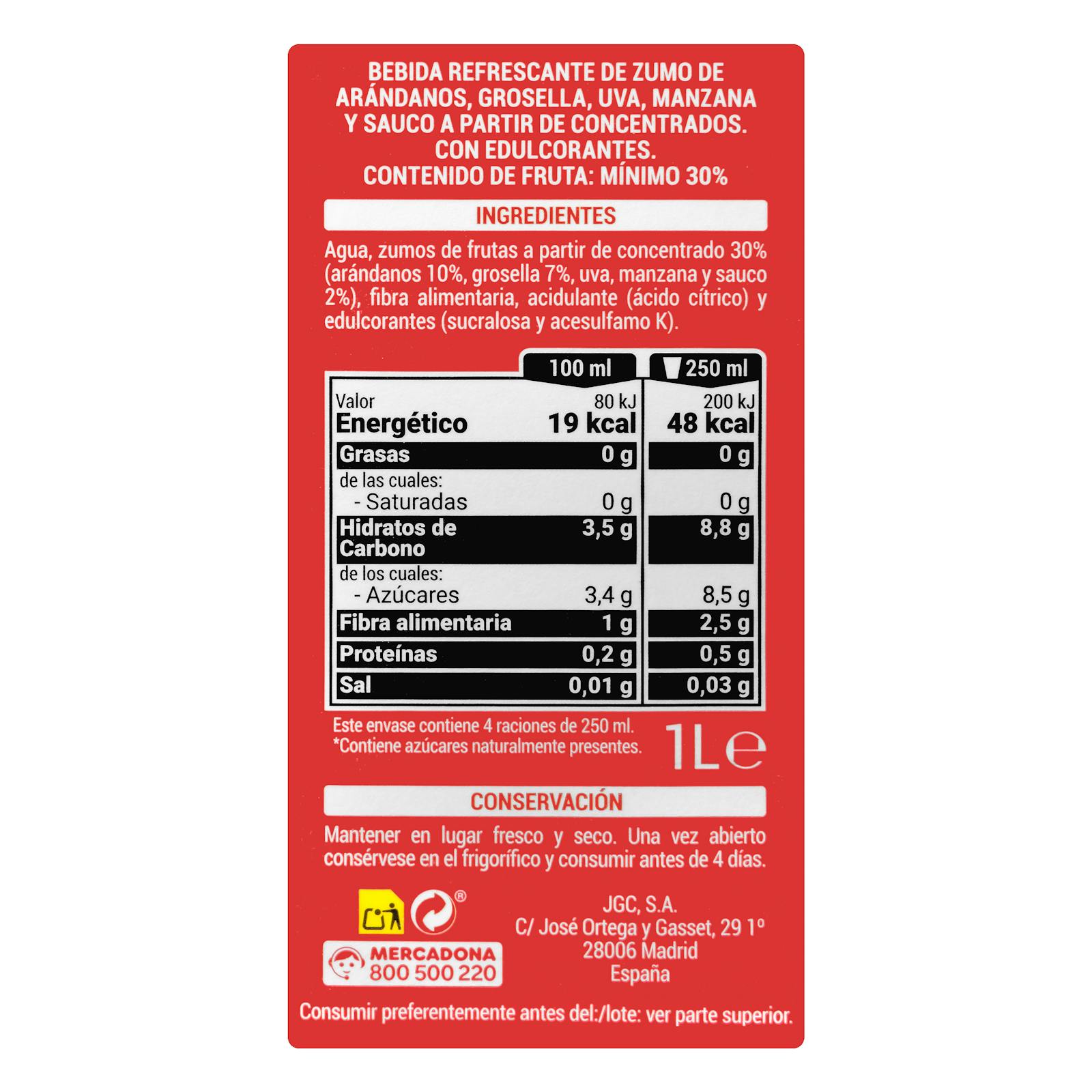 Boisson aux canneberges et aux fruits rouges Hacendado sans sucre ajouté