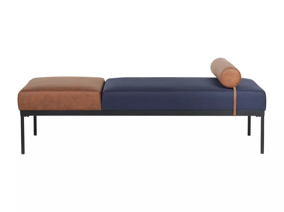 Chaise longue en lin synthétique et en similicuir bleu foncé et marron MALMOS