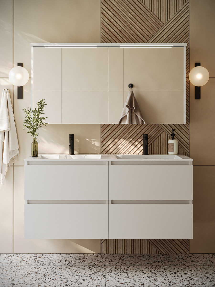 Fontana Rovigo badmeubel 120cm wit mat met witte wastafel met kraangaten en spiegelkast met verlichting