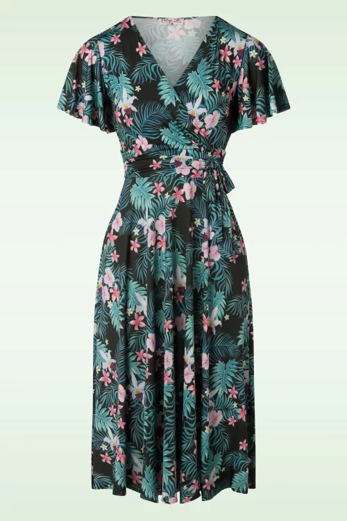 Vintage Chic for Topvintage Irene tropische gebloemde overslagswingjurk in zwart