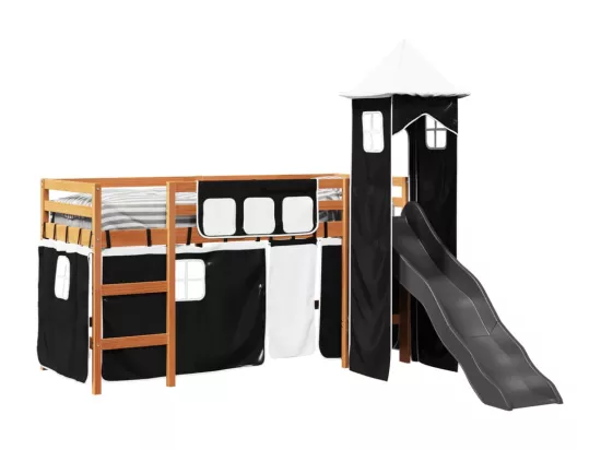 Lit mezzanine enfants et tour blanc/noir 90x200 cm pin massif