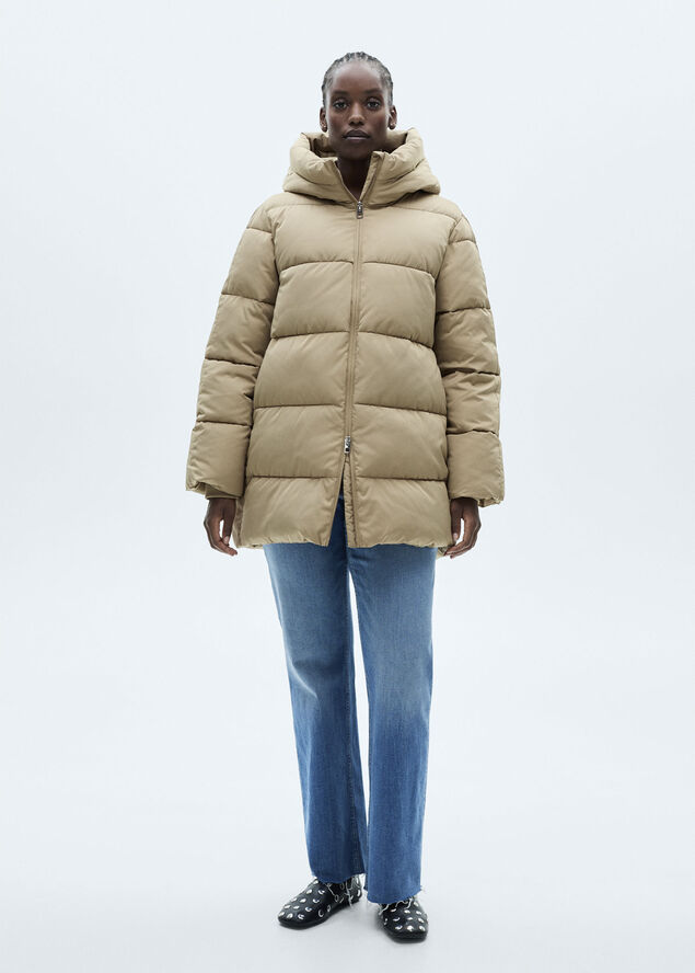 MANGO Hood quilted coat Light beige
