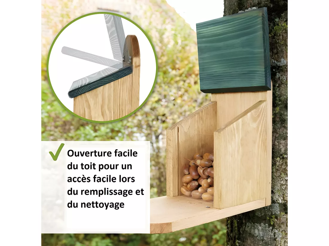 Mangeoire Écureuil Distributeur de nourriture éxtérieur robuste en bois massif et vitre plexiglas de haute qualité
