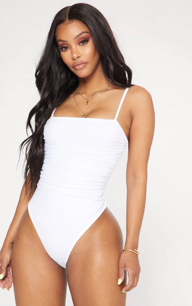 Blanc Body String À Détails Froncés En Mesh Shape