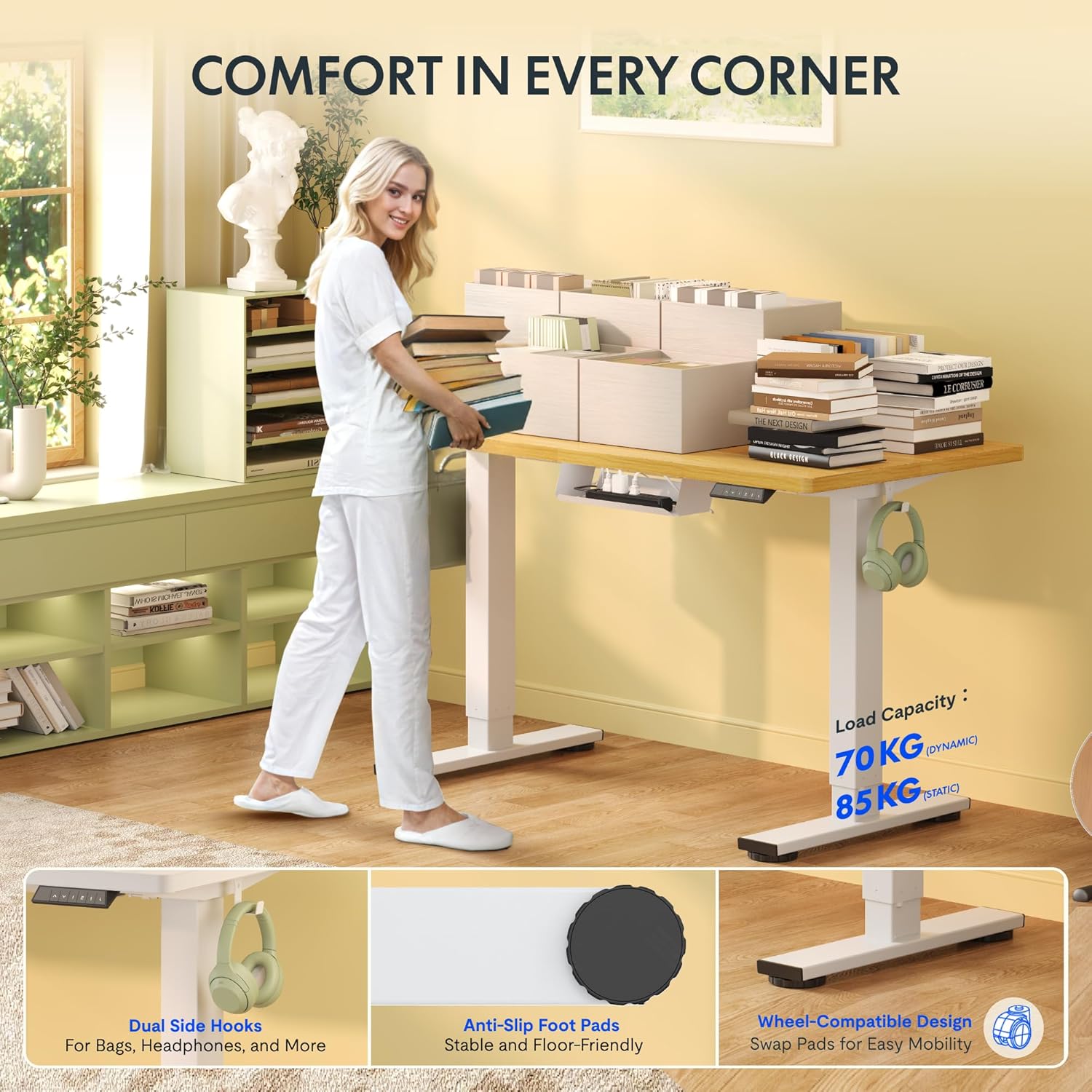 FlexiSpot Höhenverstellbarer Schreibtisch Basic–Mit Kabelmanagement, Haken und EINTEILIGER Tischplatte, Ergonomischer Homeoffice-Tisch, Bürotisch (100x60cm, Weiß)