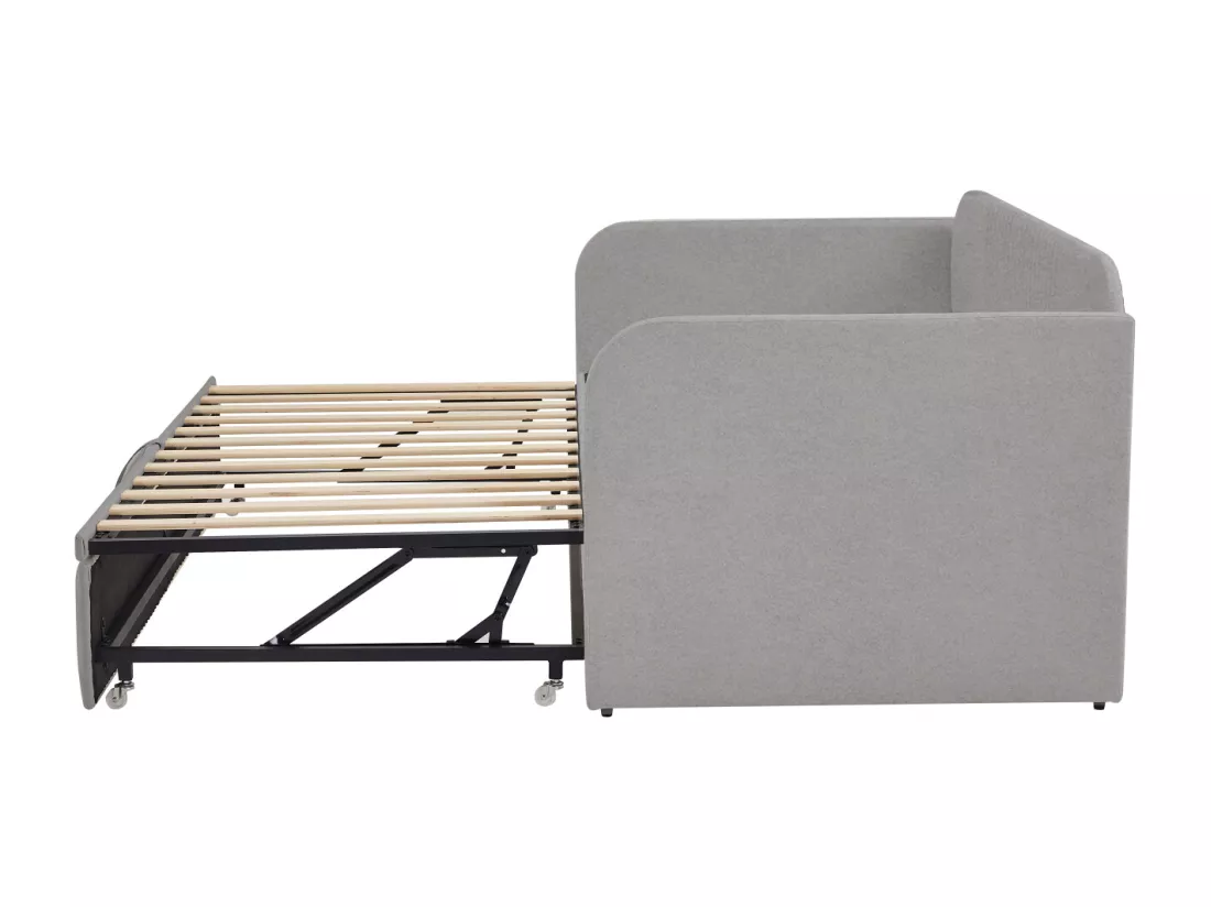 Lit gigogne 90-180x190cm, canapé-lit capitonné à rayures verticales, avec sommier à lattes, sans matelas, tissu en lin, gris clair