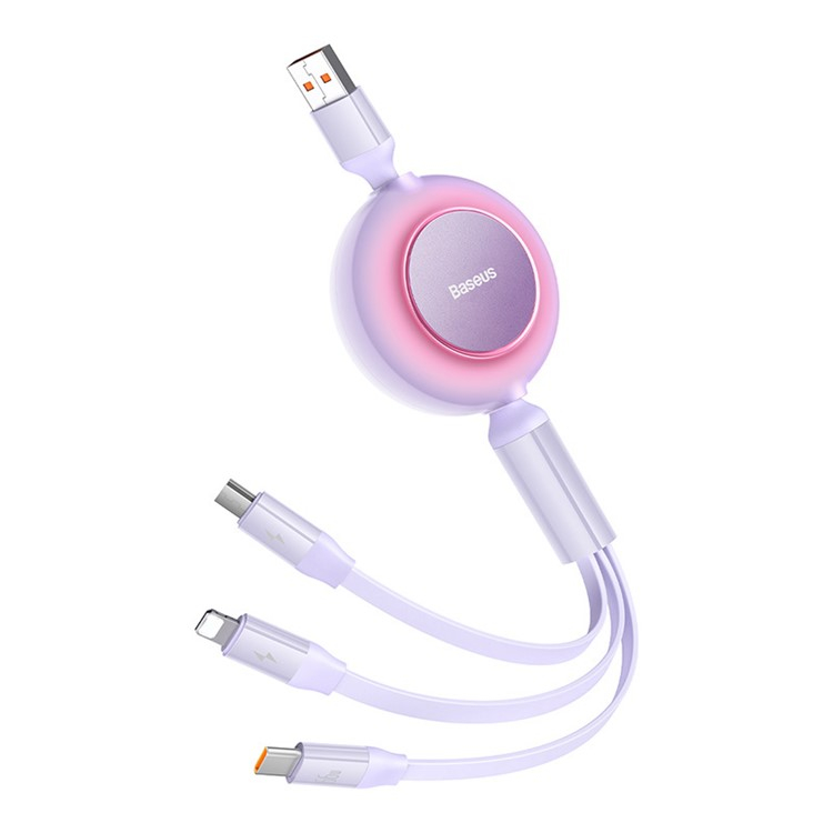 (1.1m) 66W/3.5A 3in1 Bright Mirror 2 Ausziehbares USB A auf USB C / Apple Lightning / Micro USB Ladekabel Datenkabel - Lila