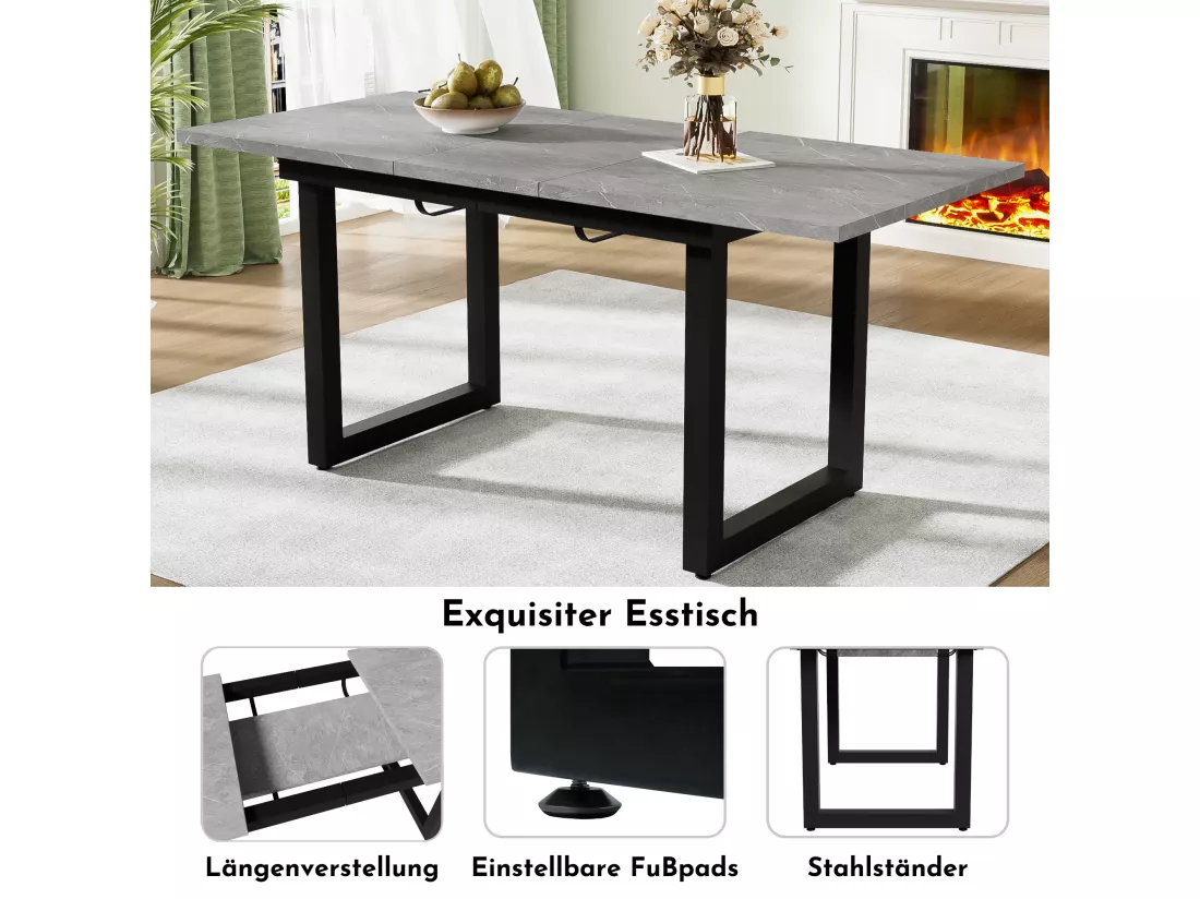 Table à manger extensible 4 à 6 couverts - 140/180 x 80 x 75 cm - MDF et pièds en fer - Effet marbre - Gris